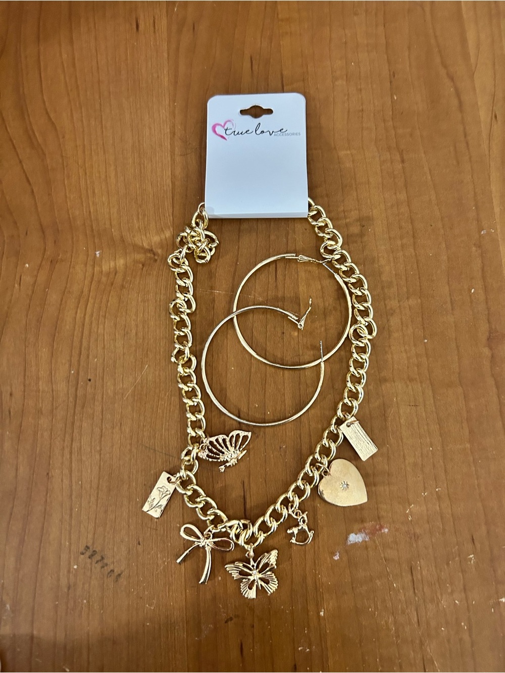 Gold-Tone Charm Necklace with Hoop Earrings